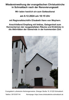 Plakat zur Wiedereinweihung der Schnaittacher Christuskirche: abgebildet ist die neurenovierte Kirche