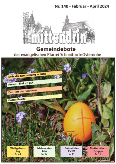 Cover des Gemeindeboten Ausgabe 140. Titelmotiv: Ein orange bemaltes Osterei mit einem roten Kreuz darauf in einer Frühlingswiese.