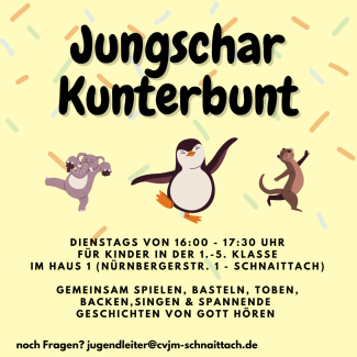 Aktueller Flyer 2023-09 für die CVJM-Gruppe „Jungschar Kunterbunt“
