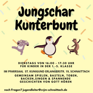 Aktueller Flyer 2024-02 für die CVJM-Gruppe „Jungschar Kunterbunt“