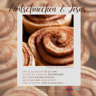 Flyer zum CVJM GoDi: Polaroid mit den Infos mit Bildern von Zimtschnecken passend zum Thema.