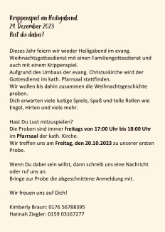 Flyer des Krippenspiels 2023: Rückseite mit allen Infos